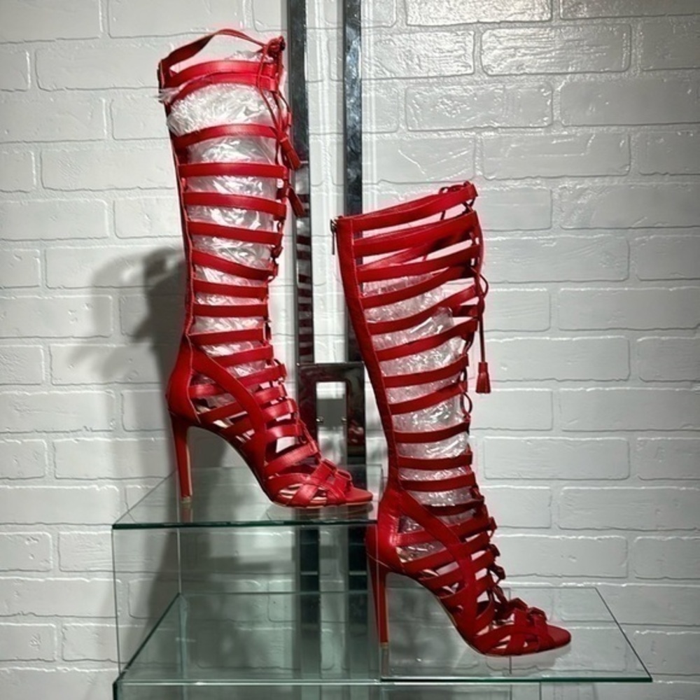 Strappy knee high Red Leather Boots Caged stilettos size 7M